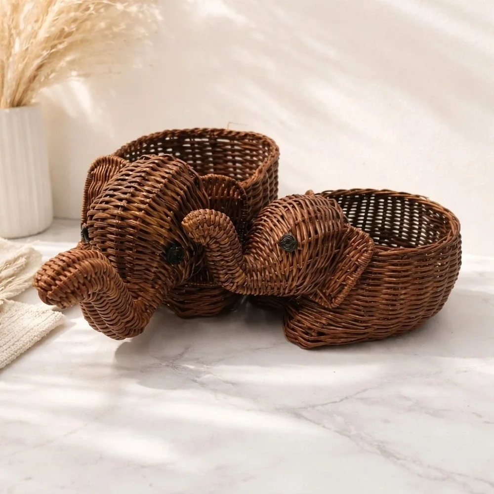 Vintage Woven Pair of Elephants Boho Safari Jungle Whimsical Cute Animal Baskets